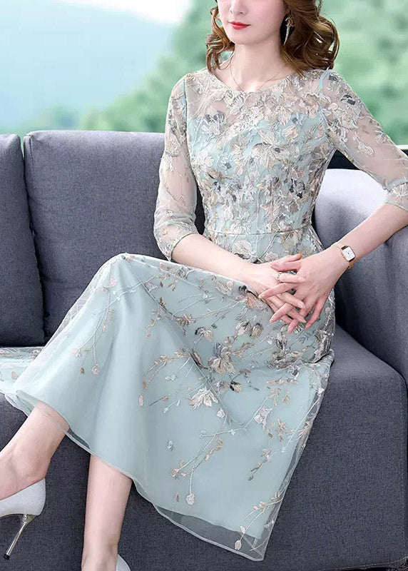 Water Blue O-neck Embroidered Tunic Organza Long Dress Half Sleeve