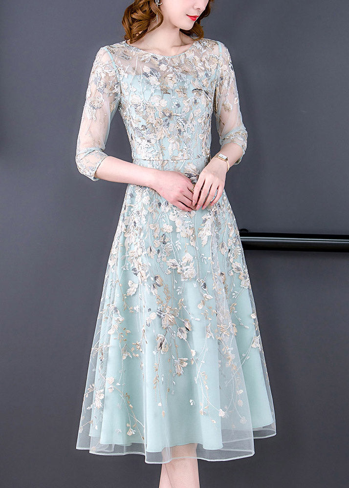 Water Blue O-neck Embroidered Tunic Organza Long Dress Half Sleeve