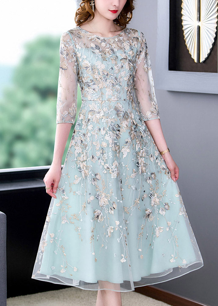 Water Blue O-neck Embroidered Tunic Organza Long Dress Half Sleeve