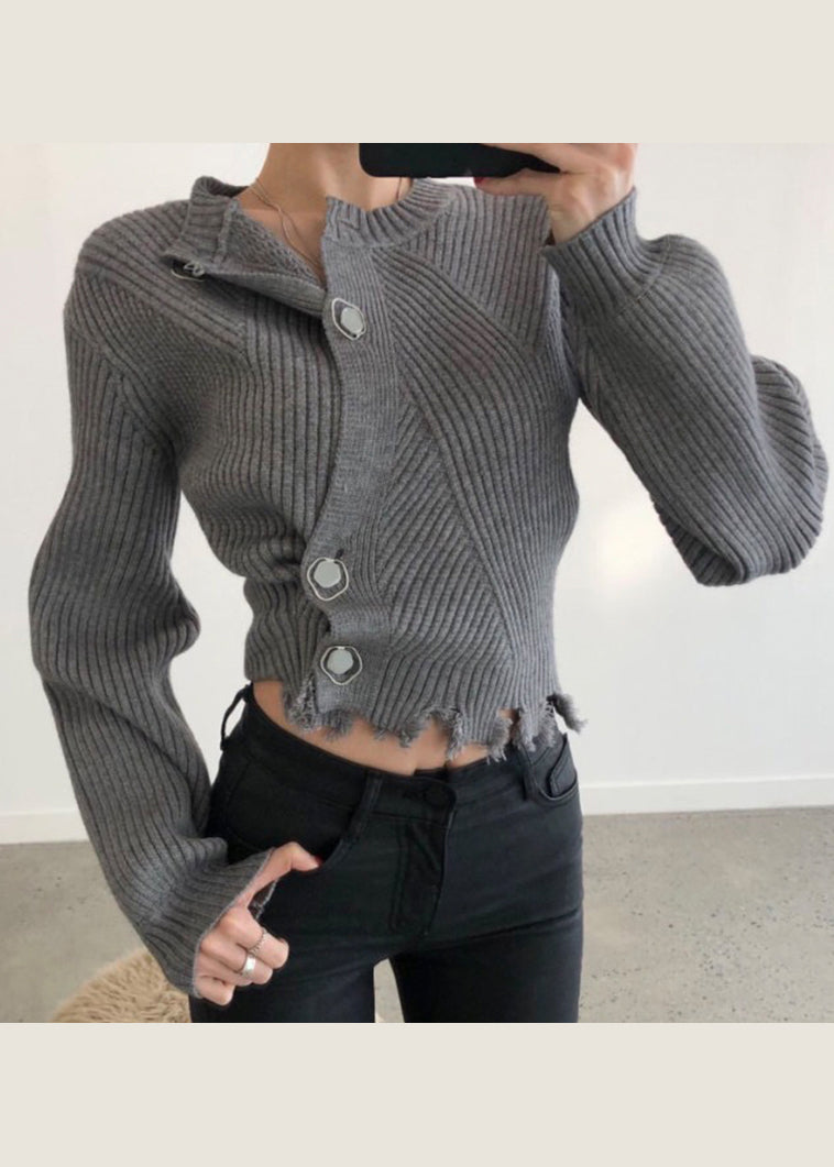 White Asymmetrical Button Patchwork Knit Sweaters Fall