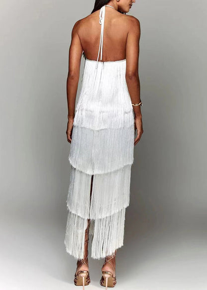 White Backless Tasseled Halter Dress Summer