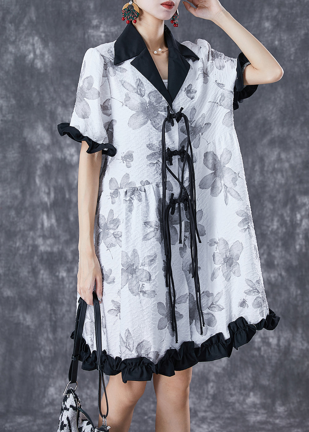 White Chinese Button Ruffled Patchwork Jacquard Dress Summer