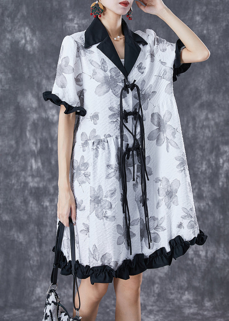 White Chinese Button Ruffled Patchwork Jacquard Dress Summer