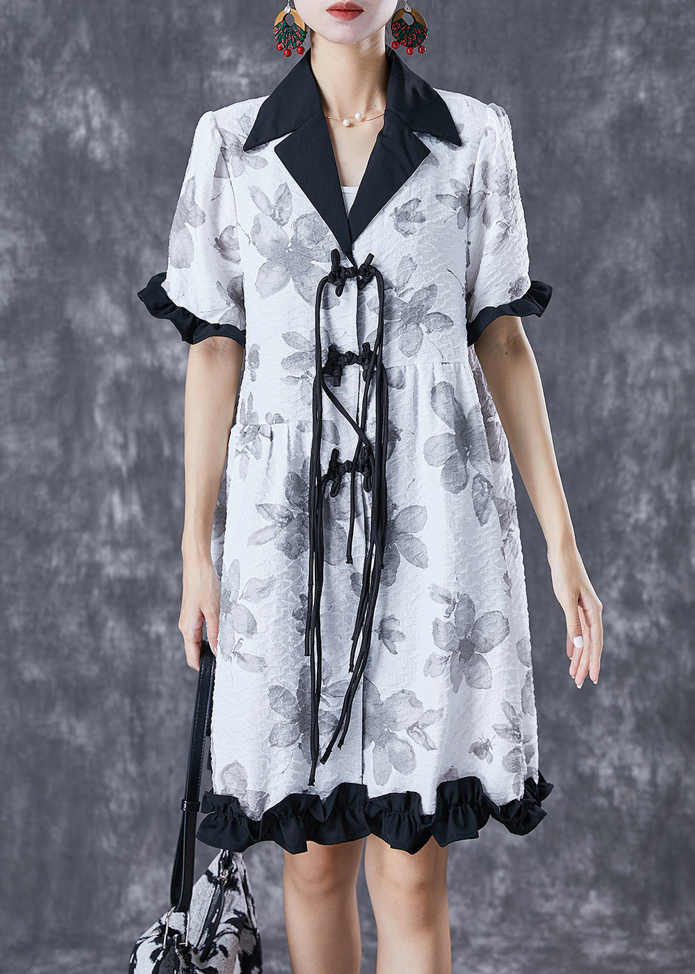White Chinese Button Ruffled Patchwork Jacquard Dress Summer