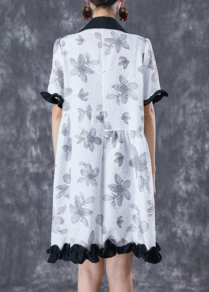 White Chinese Button Ruffled Patchwork Jacquard Dress Summer