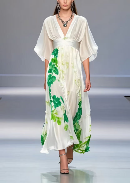 White Cinched Print Silk Long Dress Summer