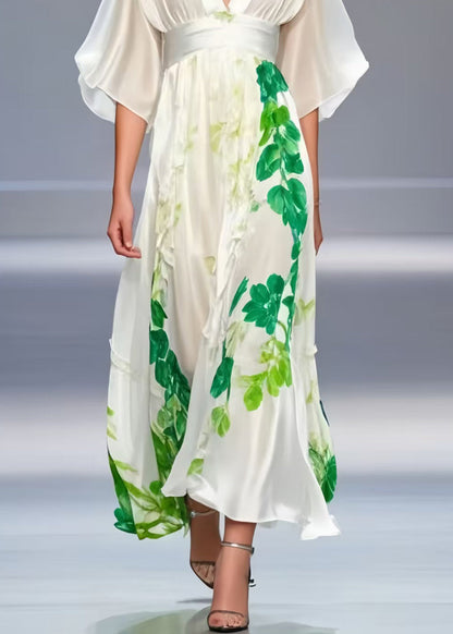 White Cinched Print Silk Long Dress Summer