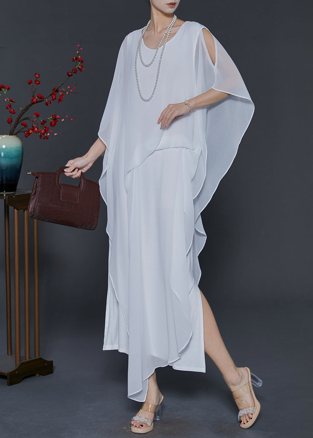 White Cold Shoulder Asymmetrical Design Chiffon Vacation Dresses Summer