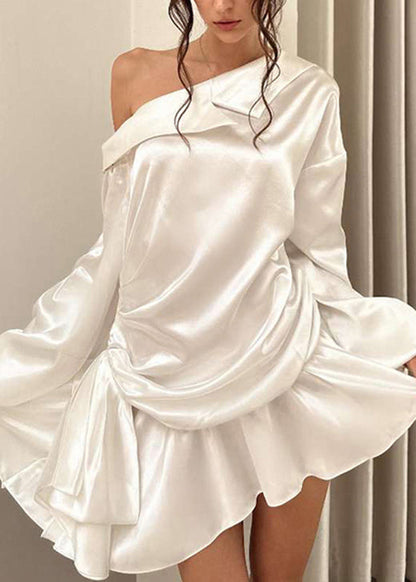 White Cold Shoulder Wrinkled Silk Mid Dress Fall