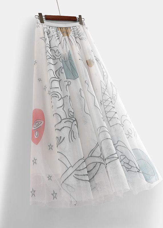 White Elastic Waist Print Tulle Holiday Skirts Spring