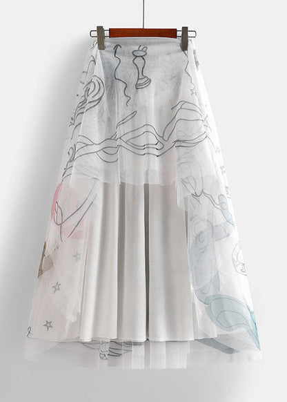 White Elastic Waist Print Tulle Holiday Skirts Spring