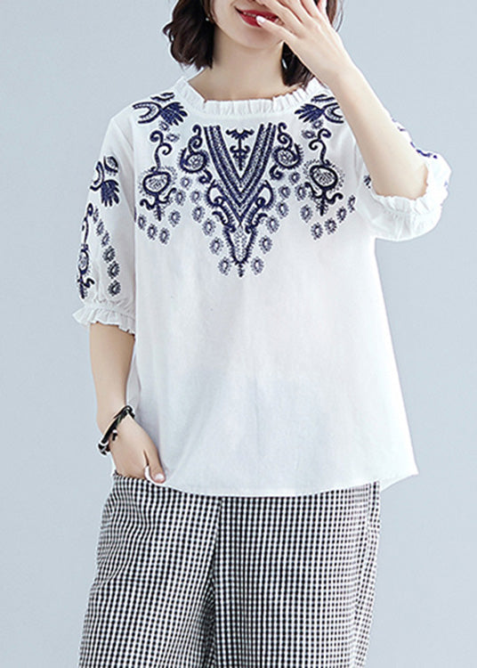 White Embroideried Cotton T Shirt Summer