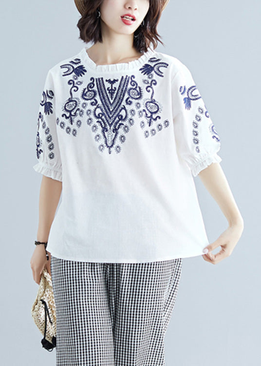 White Embroideried Cotton T Shirt Summer