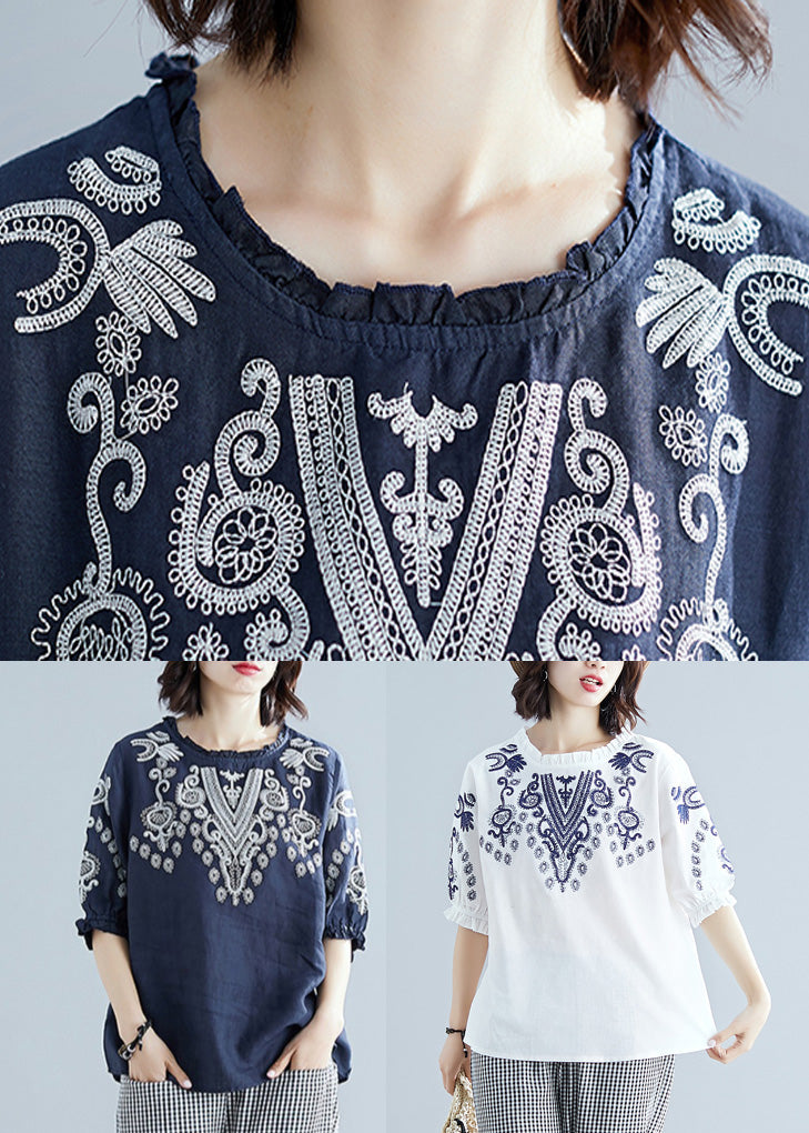 White Embroideried Cotton T Shirt Summer
