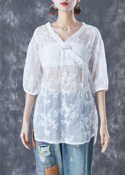 White Embroideried Tassel Tulle Shirt Tops Summer