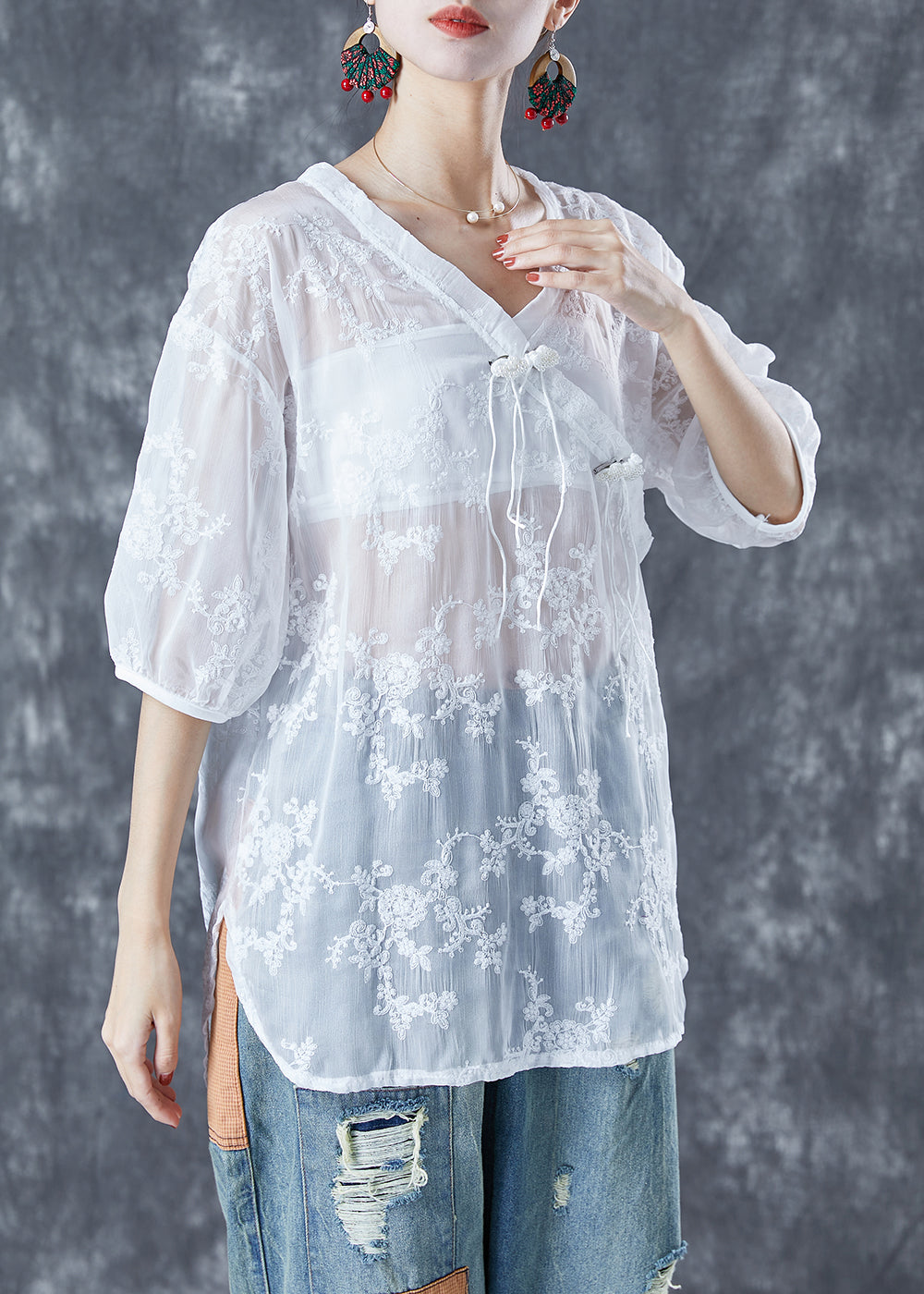 White Embroideried Tassel Tulle Shirt Tops Summer