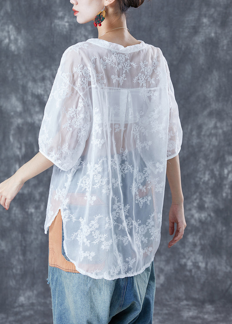 White Embroideried Tassel Tulle Shirt Tops Summer