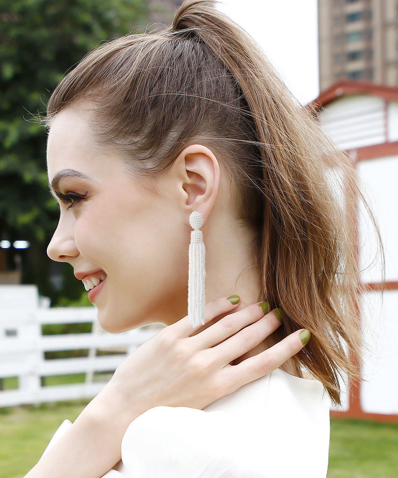 White Hand Knitting Rice Ball Tassel Drop Earrings