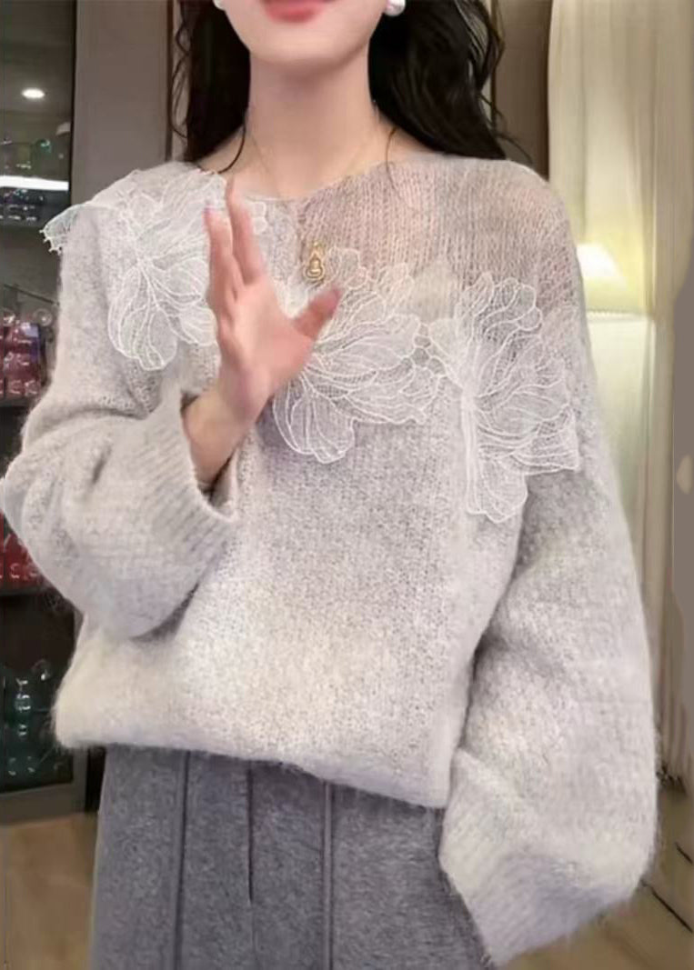 White Oversized Patchwork Knitted Tops Fall