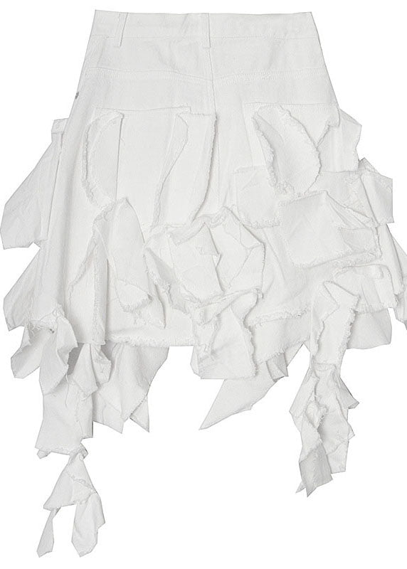 White Patchwork Summer Zippered Skirts Cotton