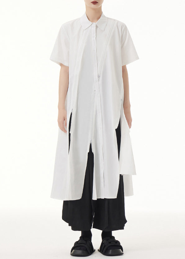 White Peter Pan Collar Asymmetrical Patchwork Cotton Shirt Dress Summer