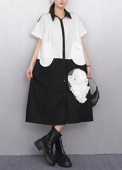 White Pocket Cascading Ruffle Rose Shirt Dress Summer