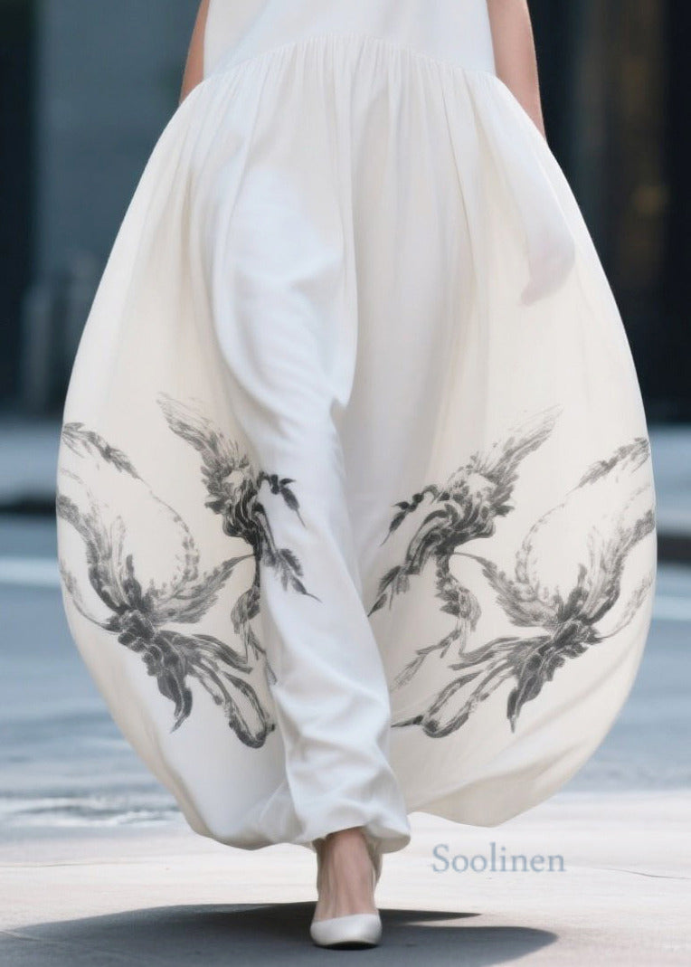White Print Exra Large Hem Chiffon Beach Dress Summer