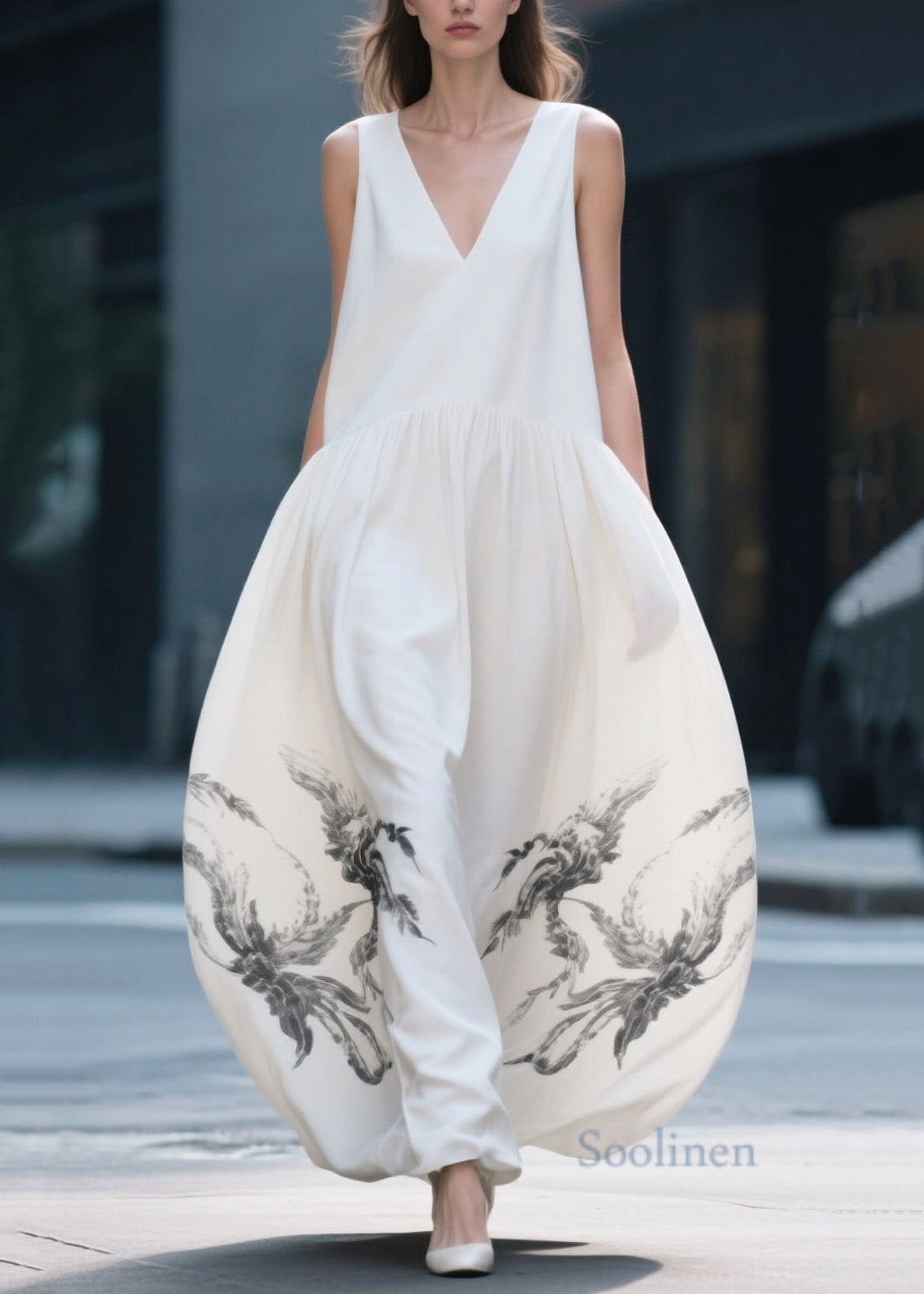 White Print Exra Large Hem Chiffon Beach Dress Summer