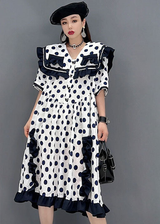 White Sailor Collar Ruffled Patchwork Dot Print Mid Dresses Short Sleeve