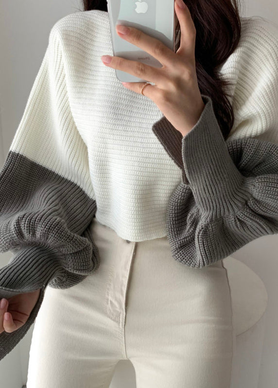 White Slash Neck Knit Short Sweater Tops Batwing Sleeve