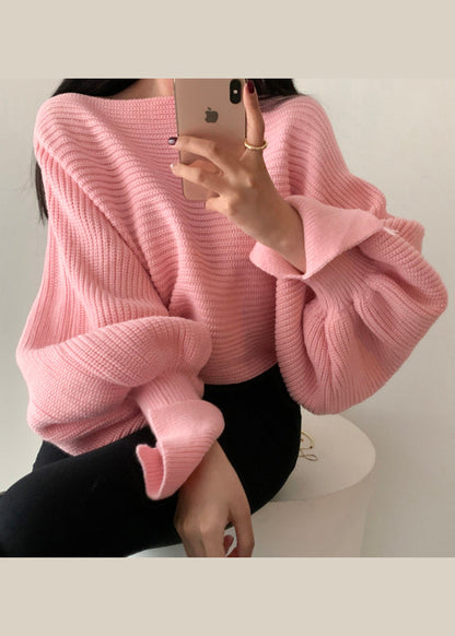 White Slash Neck Knit Short Sweater Tops Batwing Sleeve