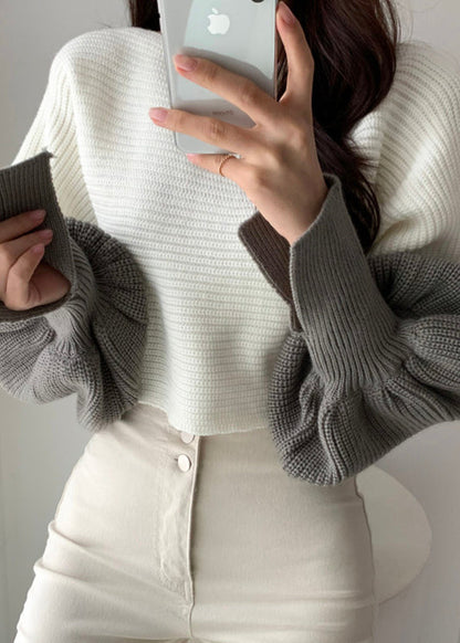 White Slash Neck Knit Short Sweater Tops Batwing Sleeve
