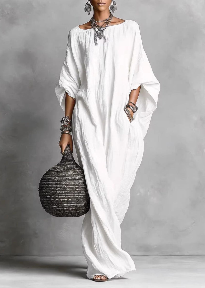 White Slash Neck Pockets Cotton Long Dress Summer