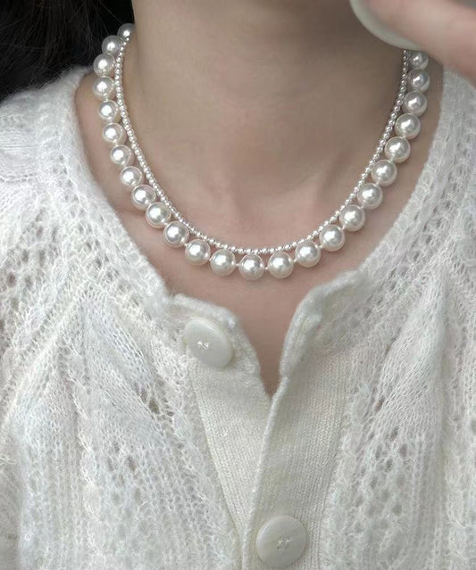 White Sterling Silver Pearl Graduated Bead Necklac Two Piece Set