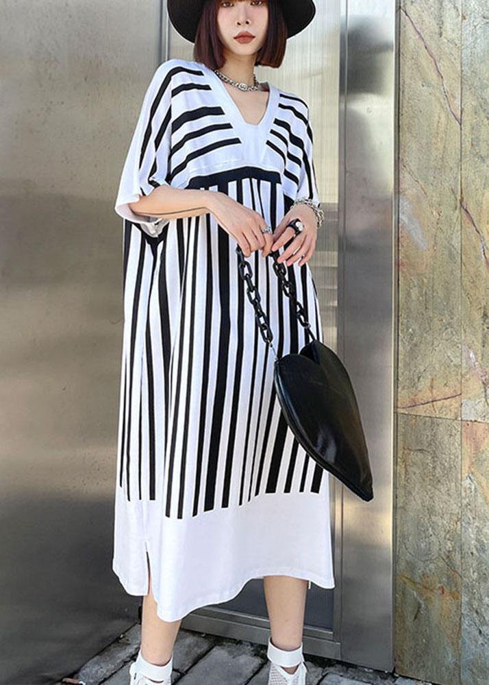White Striped Cotton Dress V Neck Summer Long Dresses