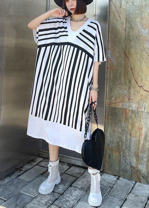 White Striped Cotton Dress V Neck Summer Long Dresses