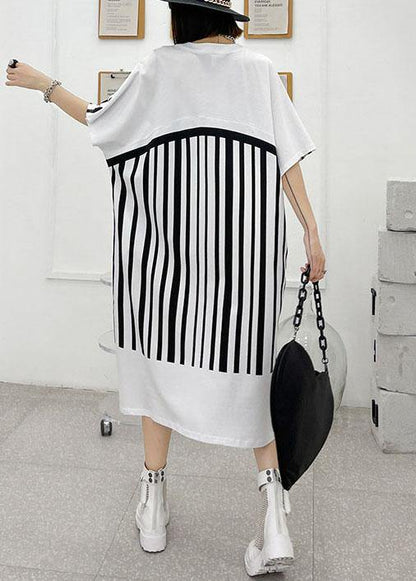 White Striped Cotton Dress V Neck Summer Long Dresses
