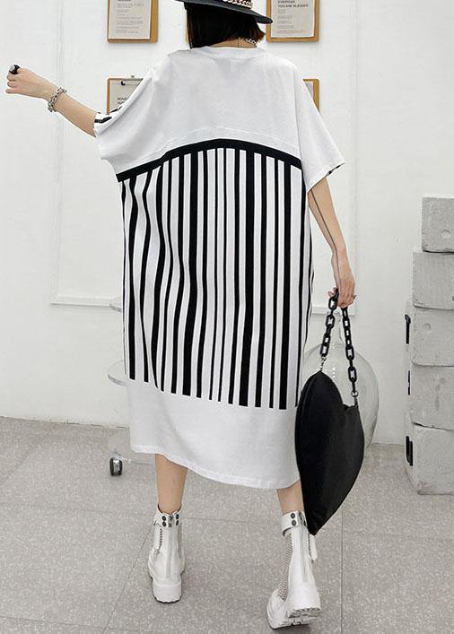 White Striped Cotton Dress V Neck Summer Long Dresses