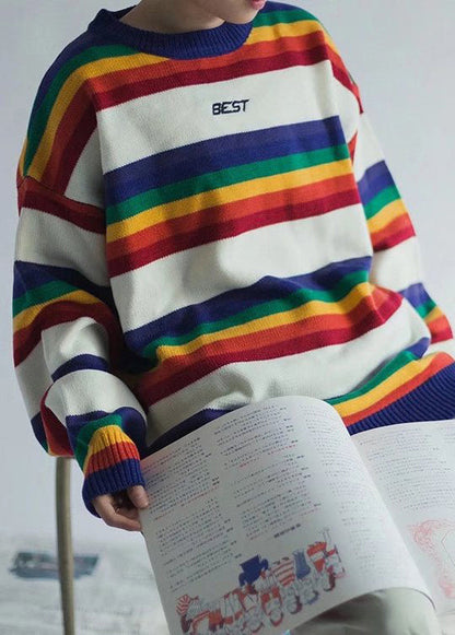 White Striped Cozy Knit Sweaters O Neck Winter