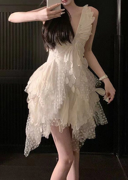 White V Neck Asymmetrical Tulle Mid Dress Sleeveless