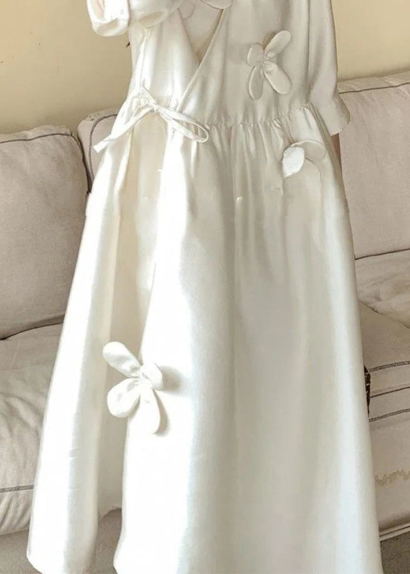 White V Neck Lace Up Cotton Long Dress Summer