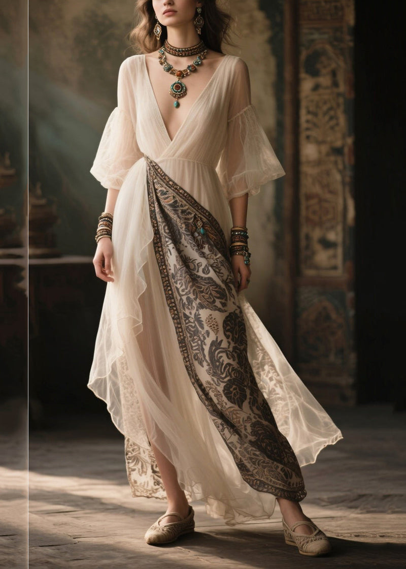 White V Neck Patchwork Chiffon Holiday Dress Summer