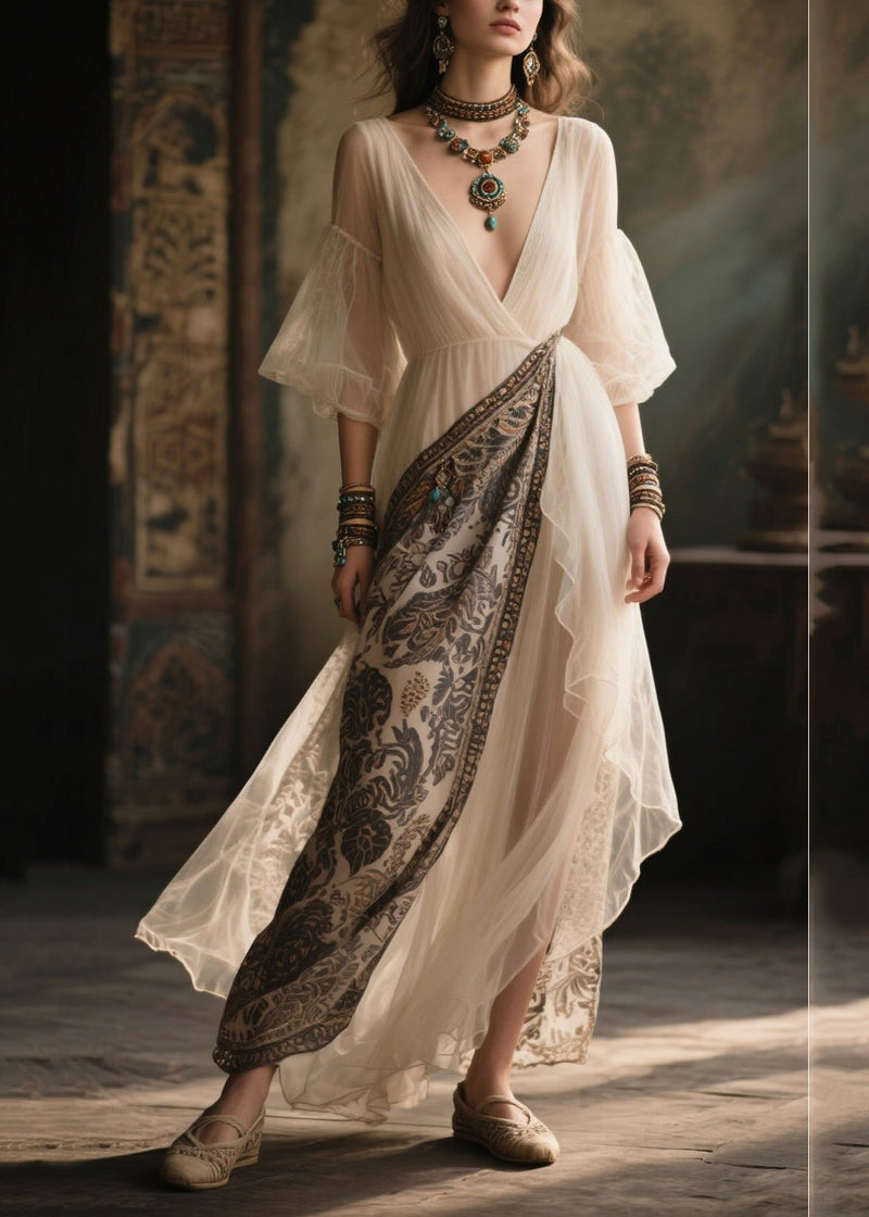White V Neck Patchwork Chiffon Holiday Dress Summer