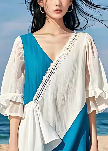 White V Neck Patchwork Cotton Dress Butterfly Sleeve