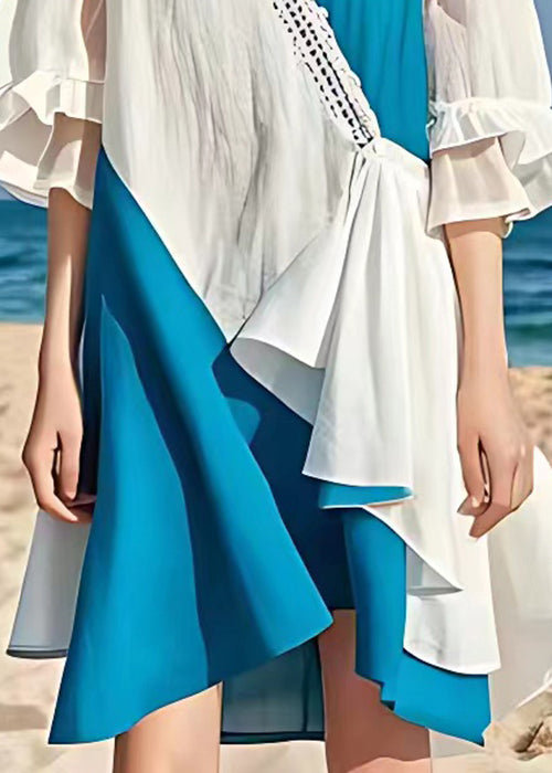 White V Neck Patchwork Cotton Dress Butterfly Sleeve