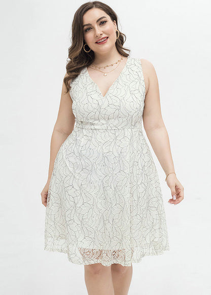 White V Neck Print Lace Mid Dress Summer