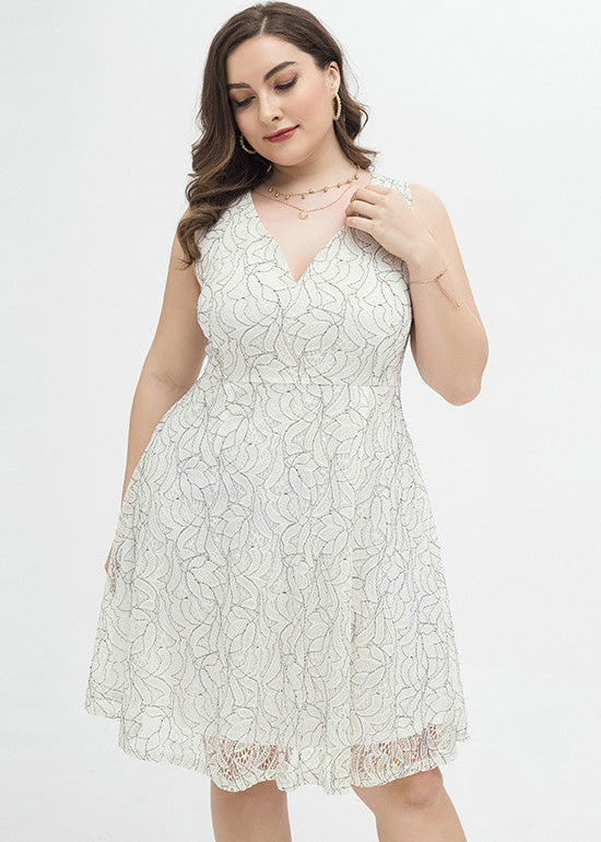 White V Neck Print Lace Mid Dress Summer