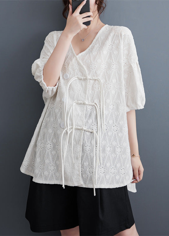 White V Neck Print Tassel Lace Shirt Summer