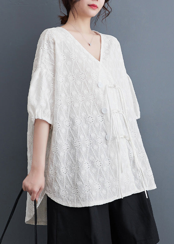 White V Neck Print Tassel Lace Shirt Summer