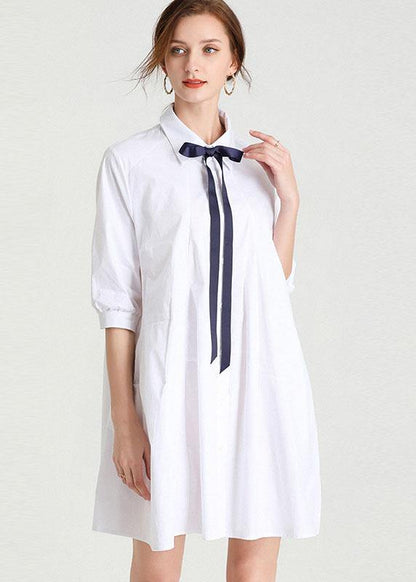 White Bow Summer Cotton Holiday Dress Half Sleeve